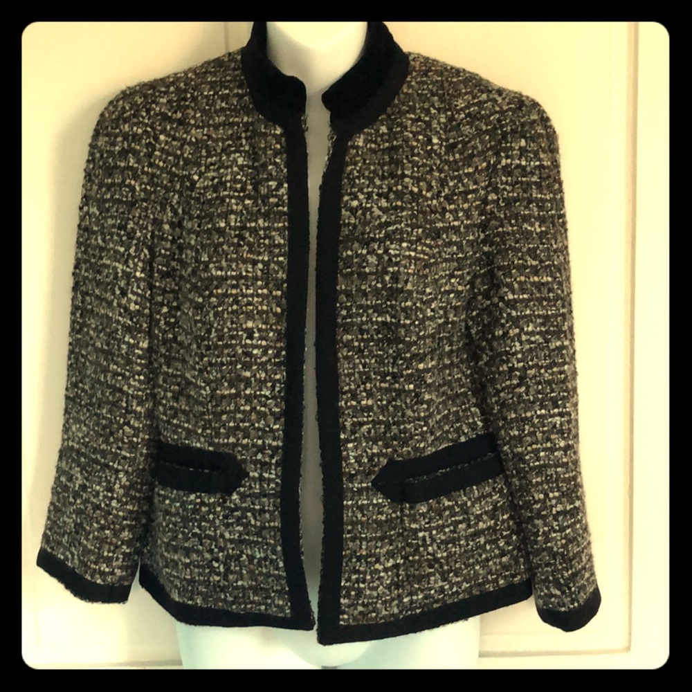 Tweed Bouclé Jacket Black Velvet Collar & Trim Eccoci * Etcetera Gray Taupe 6
